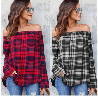 One-collar plaid shirt top