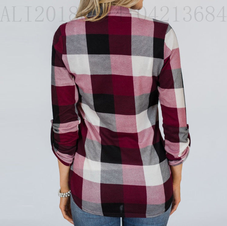 Plaid Button V-neck Printed Shirt Top