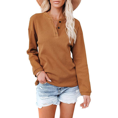 V-neck Solid Color Long-sleeved Top T-shirt Women