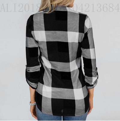 Plaid Button V-neck Printed Shirt Top