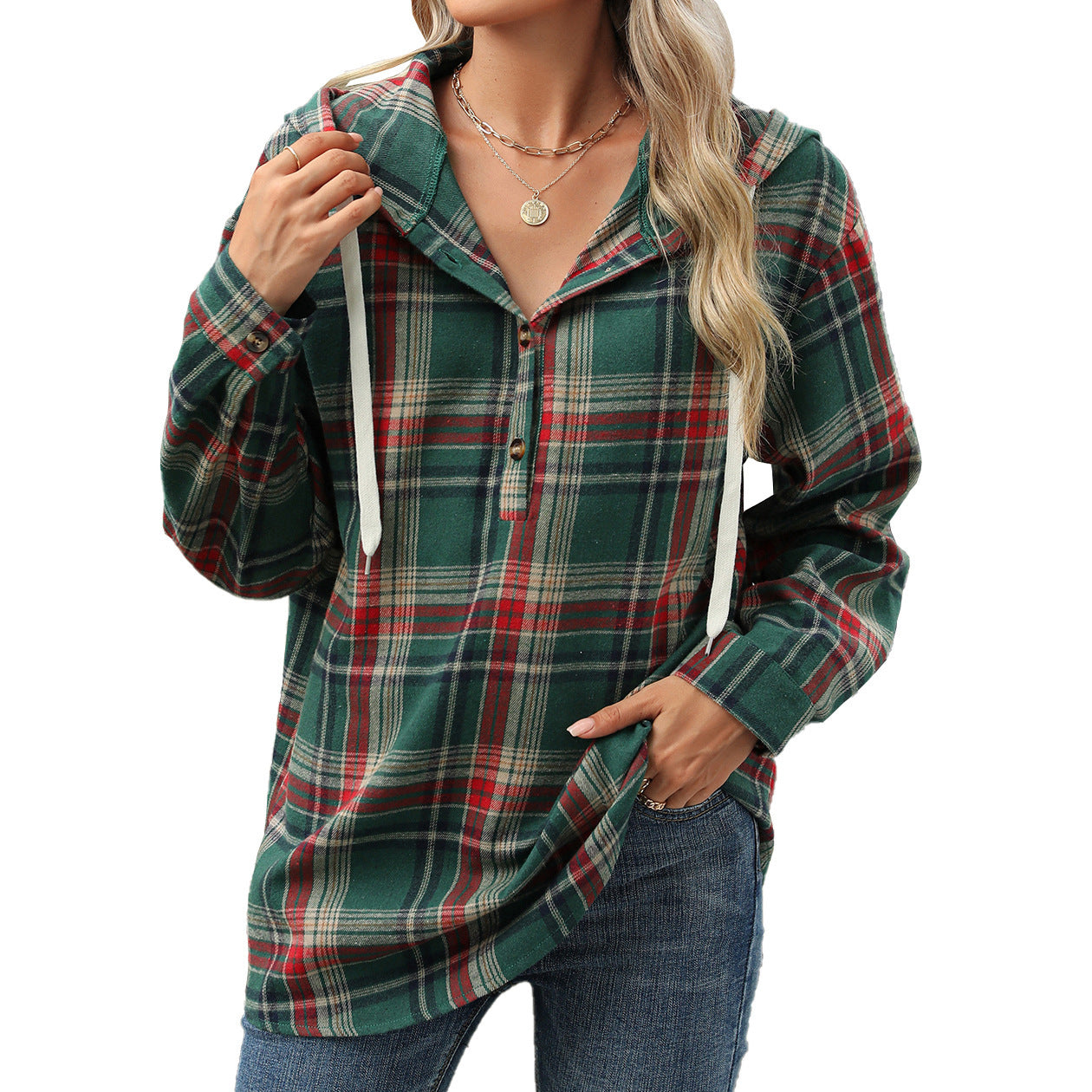 Plaid  Hooded Sweatshirt With Button Loose Long Sleeve Hoodies Women Clothing