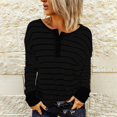 Fashion Knitted Striped Button Long-sleeved Women