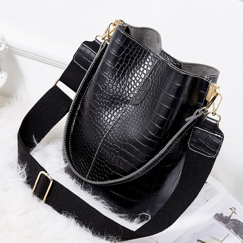 Vegan Leather Wide Shoulder Strap  Shoulder Bag Bucket Bag Crossbody Bag