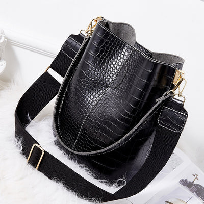 Vegan Leather Wide Shoulder Strap  Shoulder Bag Bucket Bag Crossbody Bag