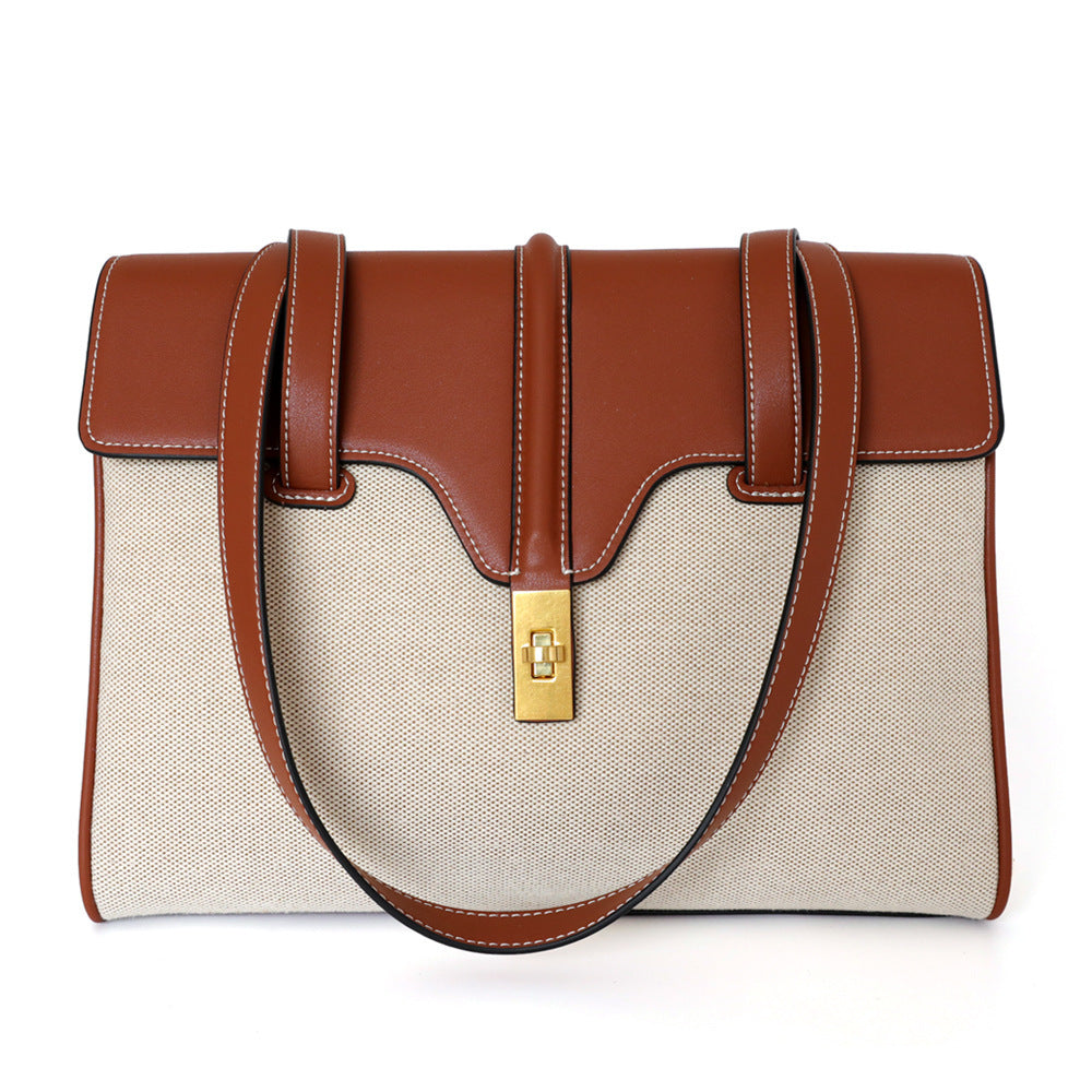 Genuine Leather Shoulder Bag With Canvas Lock Design Tote Bag