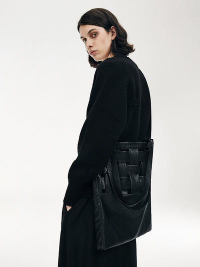 Vegan Leather Woven Structure Crossbody Shoulder Bag Tote Bag
