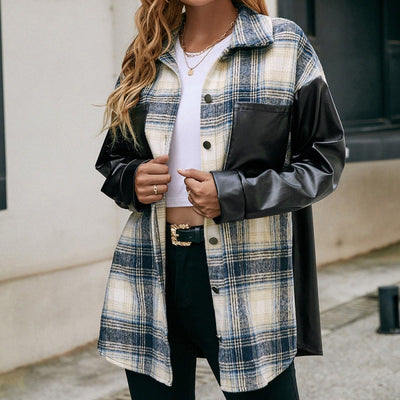 Casual Double Pocket Plaid PU Stitching Jacket Top Women