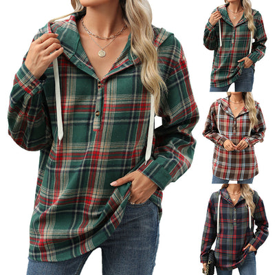 Plaid  Hooded Sweatshirt With Button Loose Long Sleeve Hoodies Women Clothing