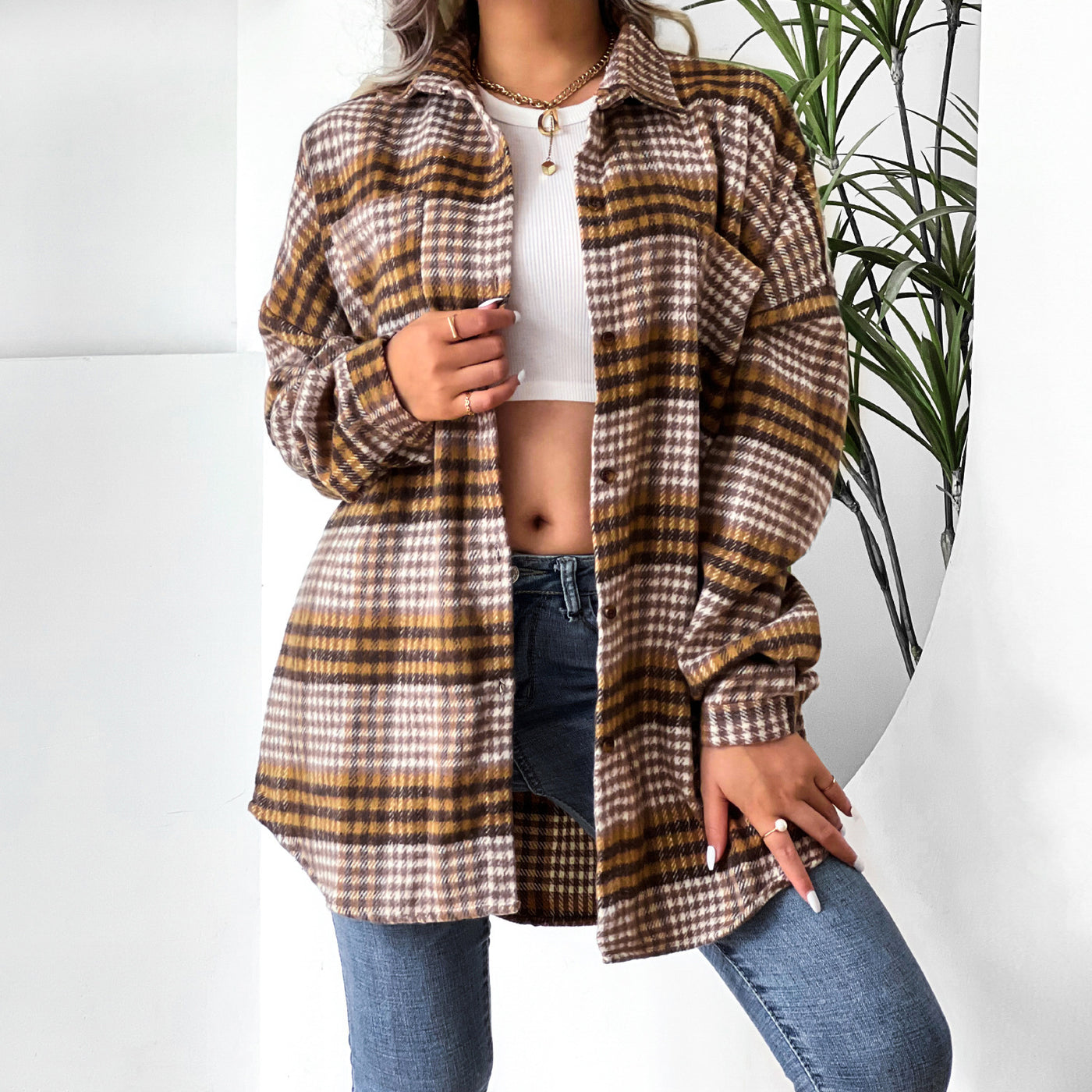 Plaid Shirt Lapel Doll Sleeve Top Dress