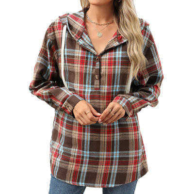 Plaid  Hooded Sweatshirt With Button Loose Long Sleeve Hoodies Women Clothing