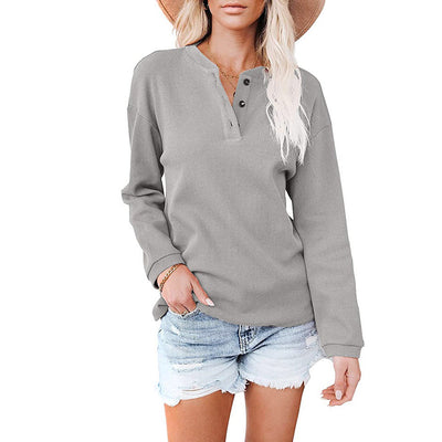 V-neck Solid Color Long-sleeved Top T-shirt Women