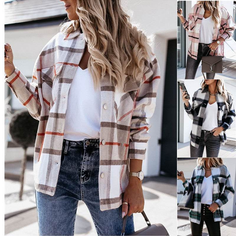 Women's warm plaid long sleeve coat top