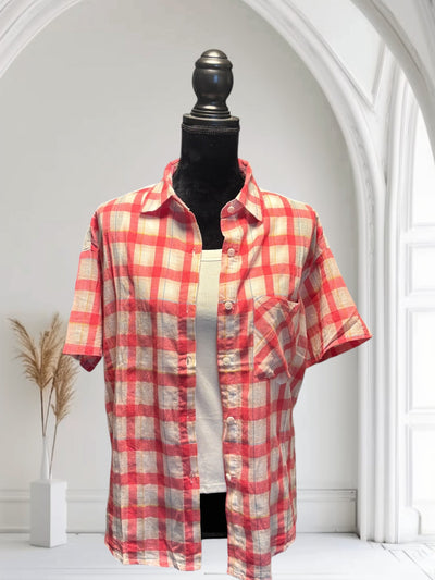 Women Plaid Shirt Summer Top Short Sleeves Thin Plaid Top