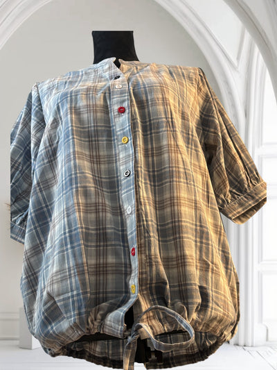 Plaid Shirt Women's Short Sleeves Summer Thin  drawstring Cotton Half-Sleeved Top