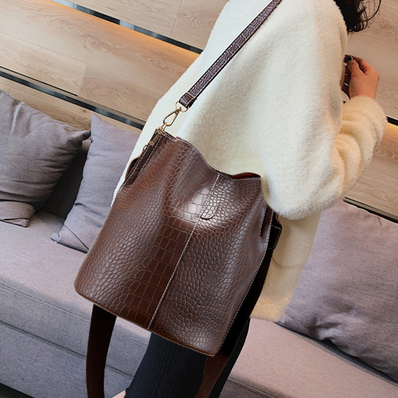Vegan Leather Wide Shoulder Strap  Shoulder Bag Bucket Bag Crossbody Bag