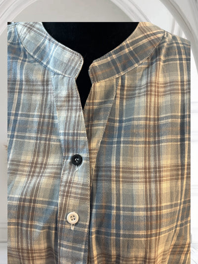 Plaid Shirt Women's Short Sleeves Summer Thin  drawstring Cotton Half-Sleeved Top