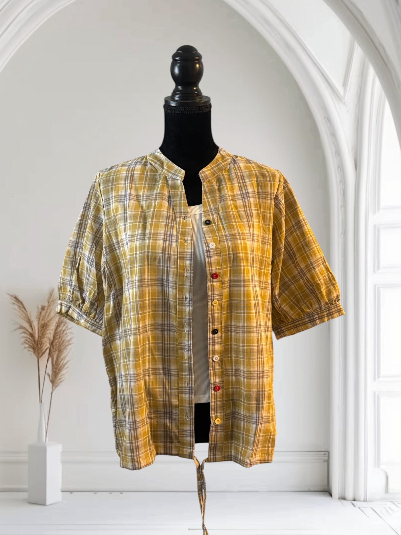 Plaid Shirt Women's Short Sleeves Summer Thin  drawstring Cotton Half-Sleeved Top