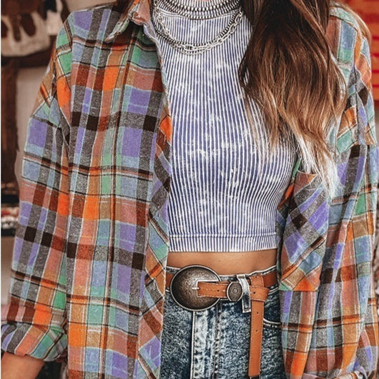 Summer New Plaid Printed Long-sleeved Top Women