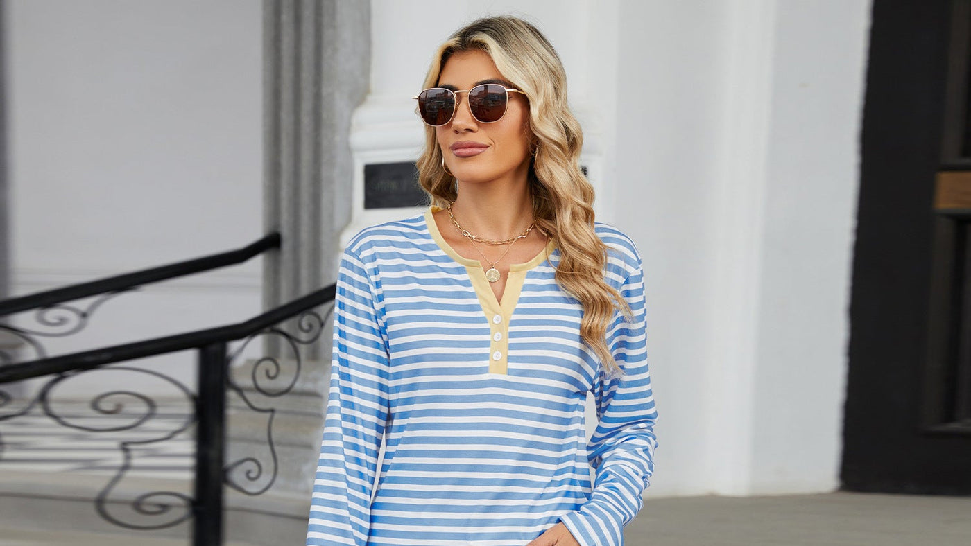 Women's V-neck Striped Loose Long-sleeved T-shirt Top