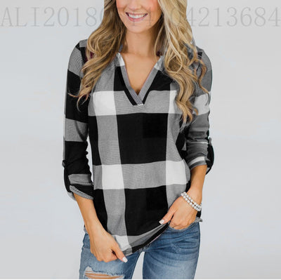 Plaid Button V-neck Printed Shirt Top