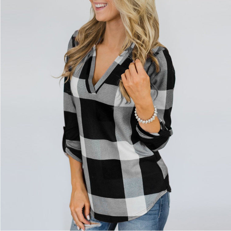 Plaid Button V-neck Printed Shirt Top