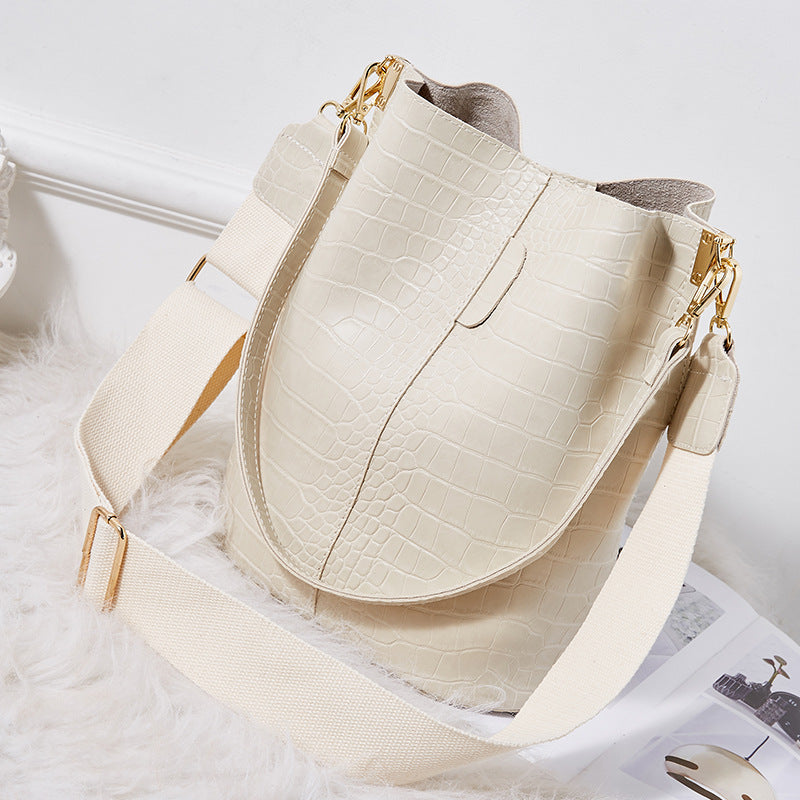 Vegan Leather Wide Shoulder Strap  Shoulder Bag Bucket Bag Crossbody Bag