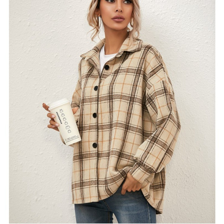 Cozy Long-sleeved Plaid Jacket Shirt Top