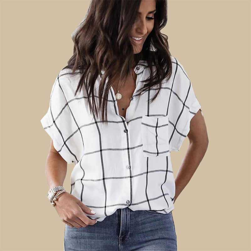 Loose Short Sleeve Plaid Shirt Top