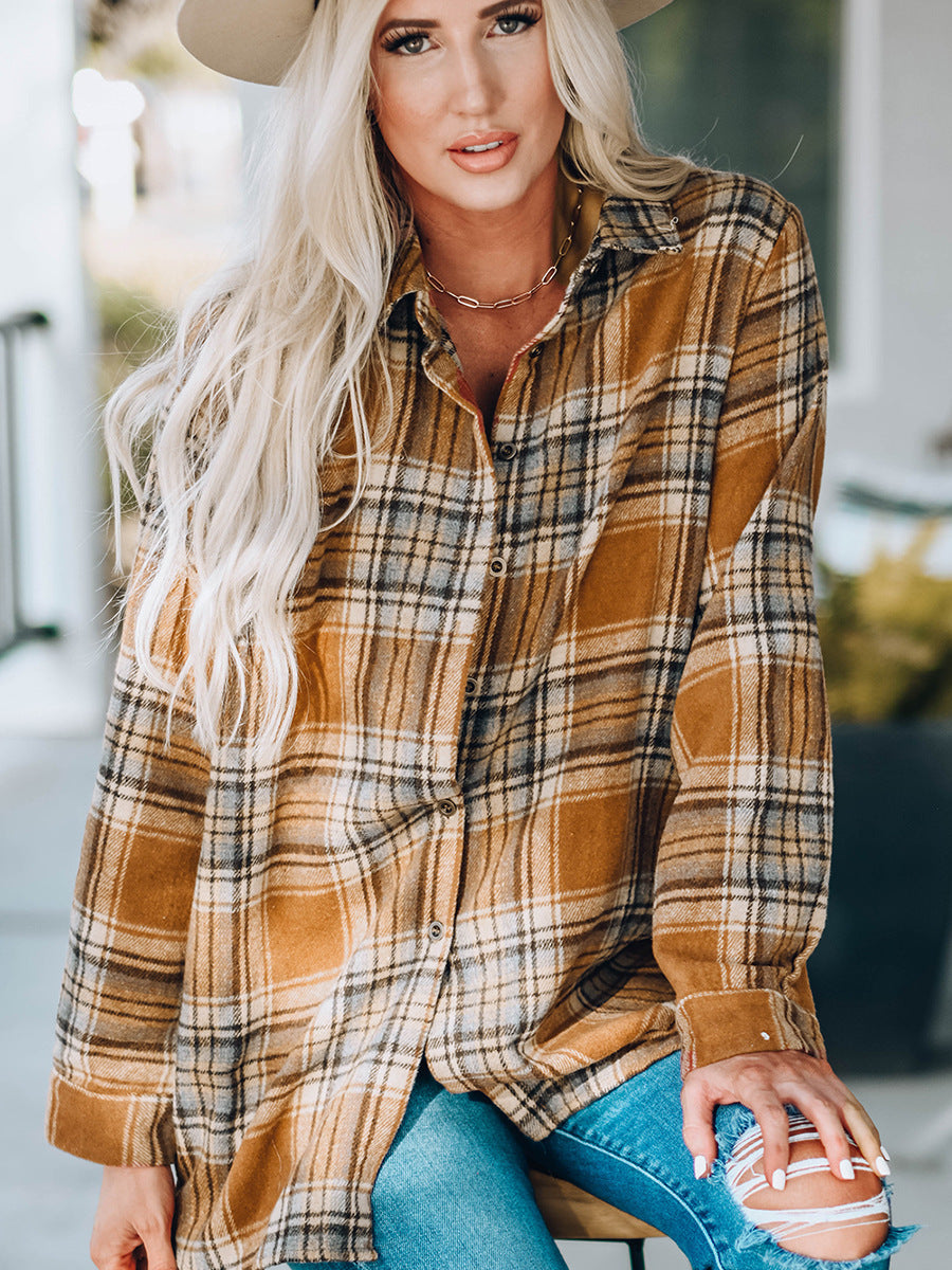 Mid-length Plaid Shirt Women's  Loose Long Sleeve Top