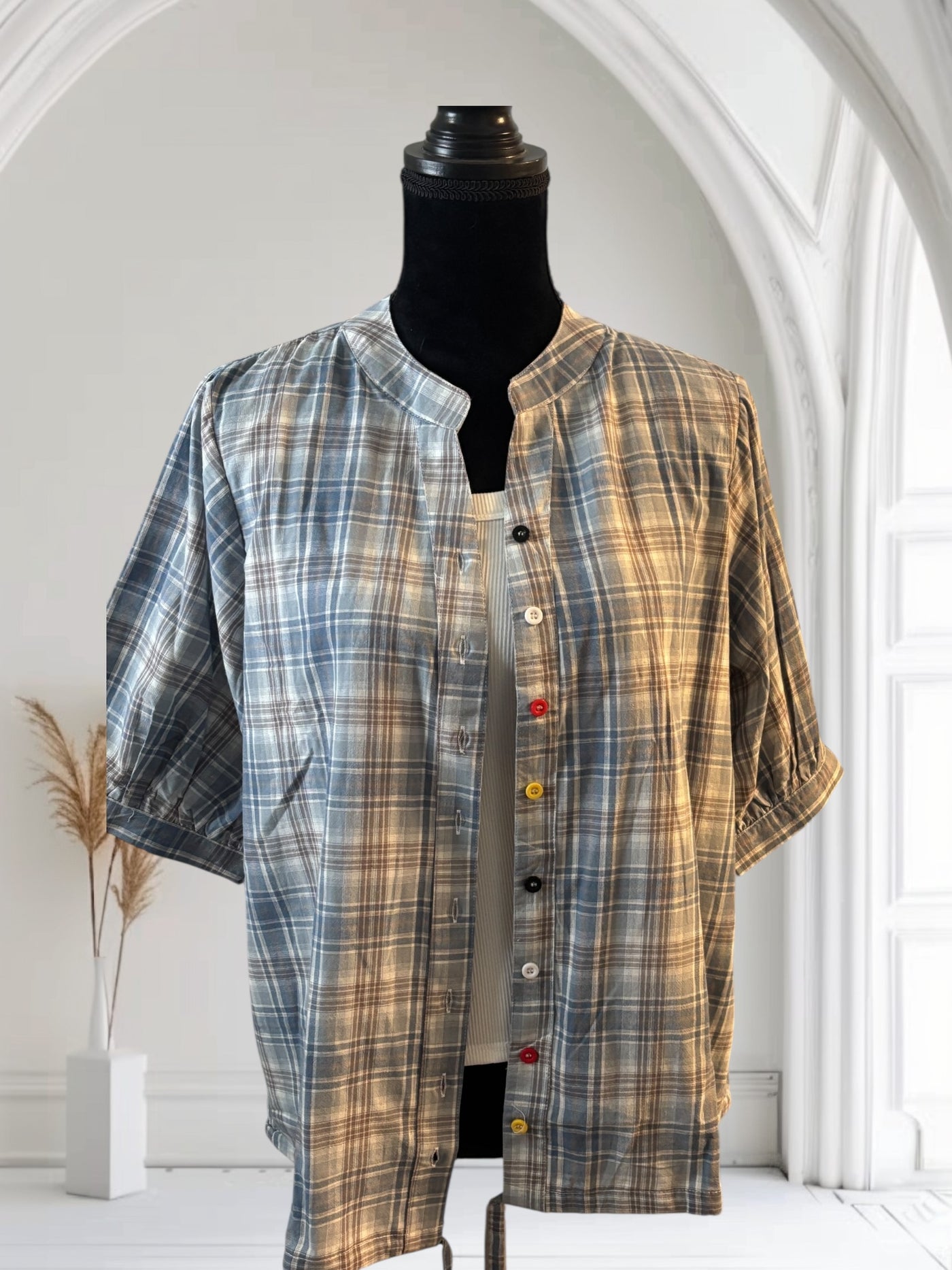 Plaid Shirt Women's Short Sleeves Summer Thin  drawstring Cotton Half-Sleeved Top