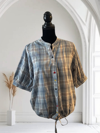 Plaid Shirt Women's Short Sleeves Summer Thin  drawstring Cotton Half-Sleeved Top