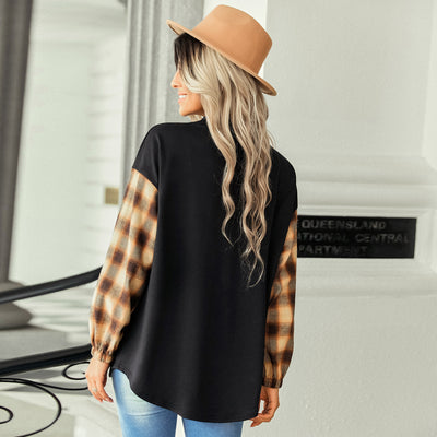 Women's Plaid Patchwork Top Fashion Lapel Loose Shirt