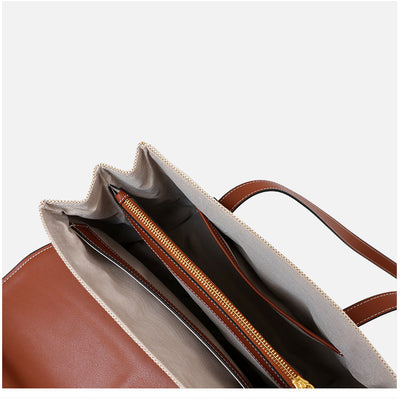 Genuine Leather Shoulder Bag With Canvas Lock Design Tote Bag