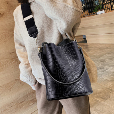 Vegan Leather Wide Shoulder Strap  Shoulder Bag Bucket Bag Crossbody Bag