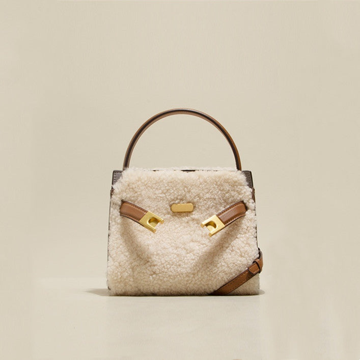 Genuine Leather Bag Lamb Wool  Winter  Tote Bag Shoulder Bag CrossBody