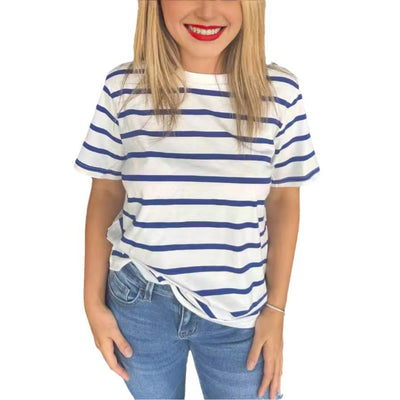 Fashion Striped Round Neck Short Sleeve T-shirt For Women