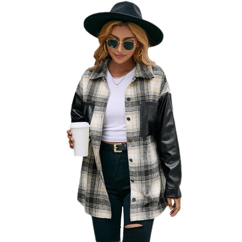 Casual Double Pocket Plaid PU Stitching Jacket Top Women