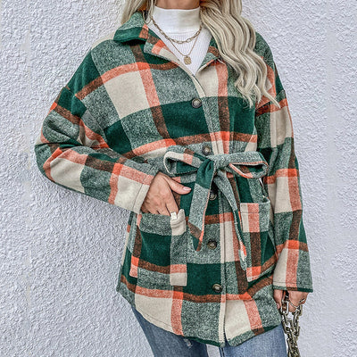 Mid Length Plaid Top With Loose Long Sleeves