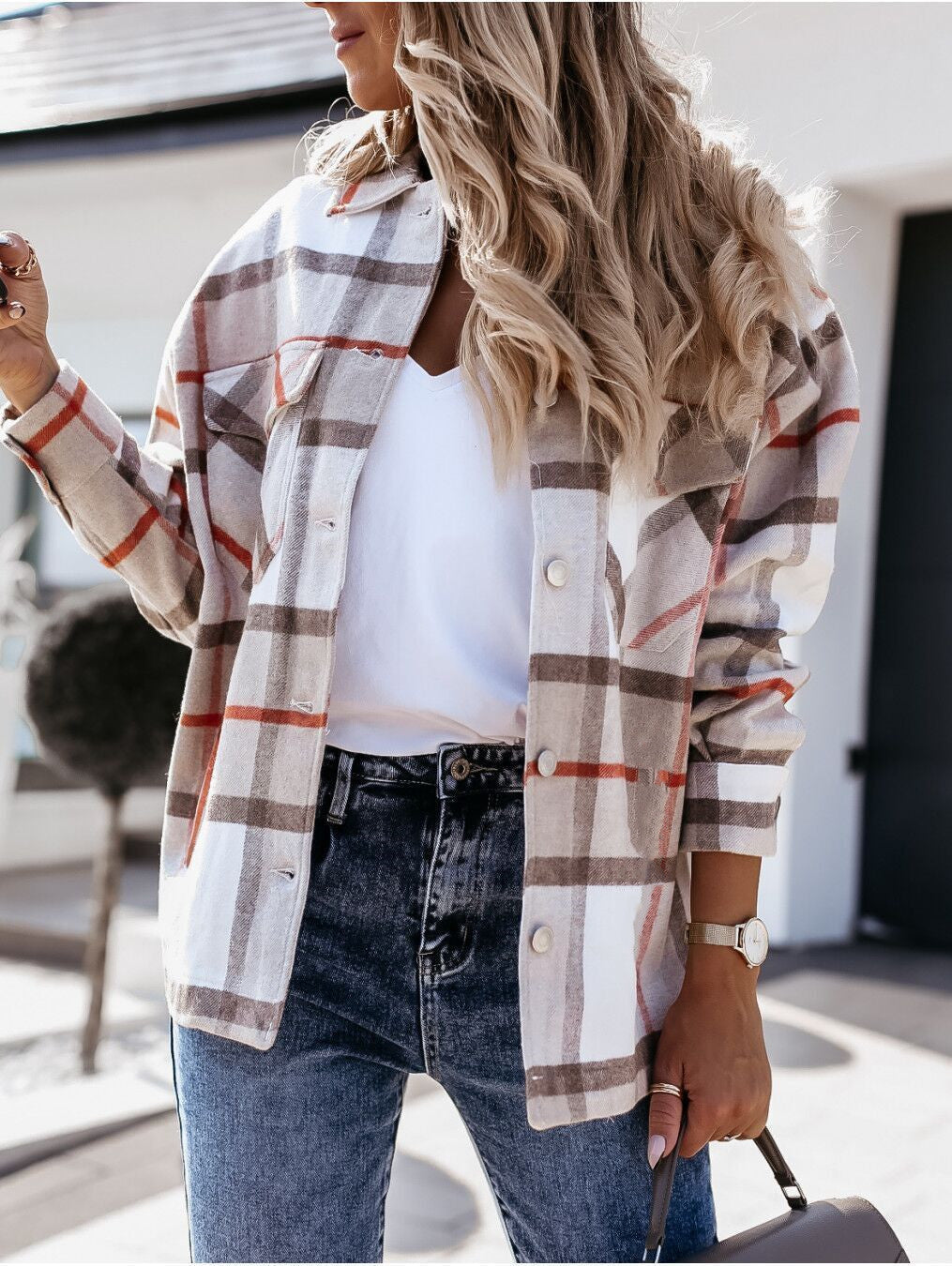 Women's warm plaid long sleeve coat top