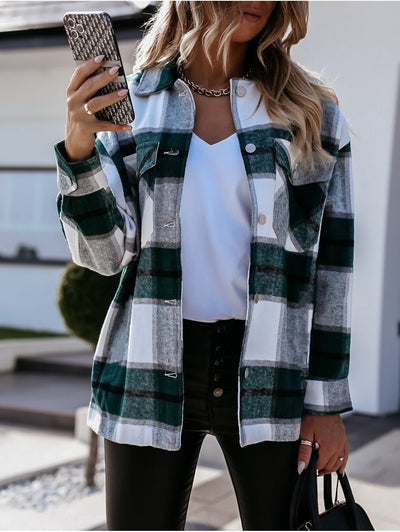 Women's warm plaid long sleeve coat top