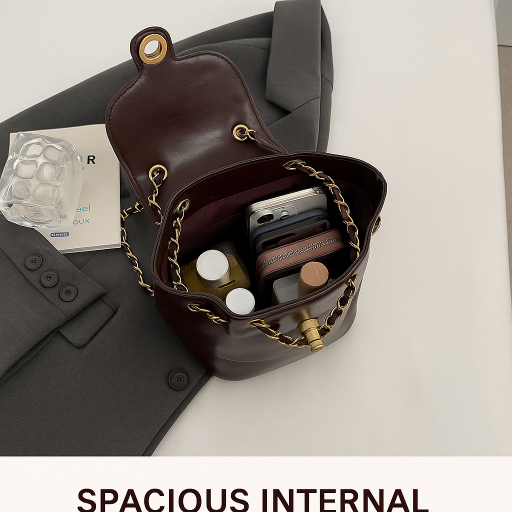 Vegan Leather Chain Backpack One Shoulder Bucket Bag