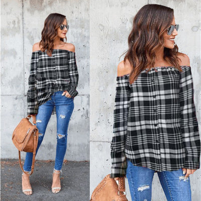 One-collar plaid shirt top