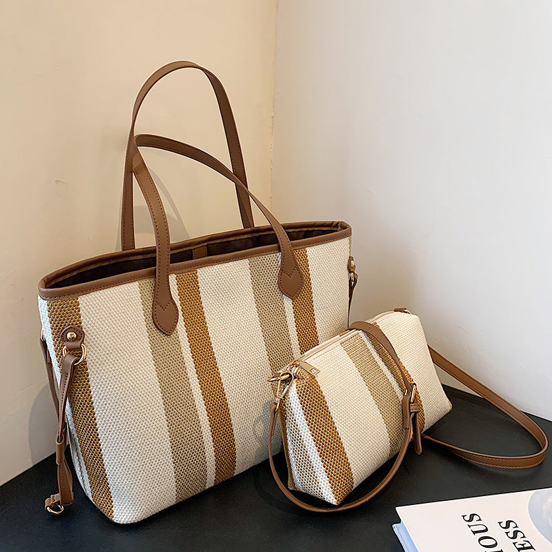 2 Pc one set of  One-shoulder Big Bag Casual Canvas  Bag Tote Bag and Crossbody Bag