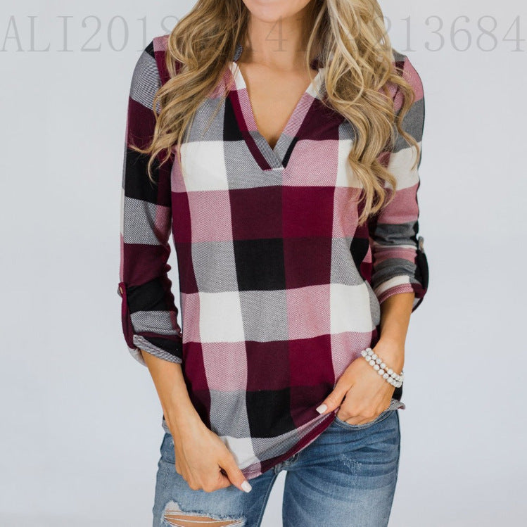 Plaid Button V-neck Printed Shirt Top