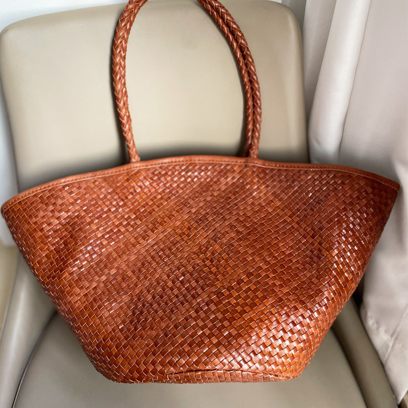 Genuine Leather Tote Bag Hand Woven Large Capacity Bag