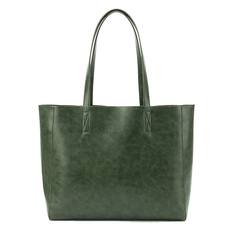 Dark Green Tote Oil Wax Soft Vegan Leather Women's Bag