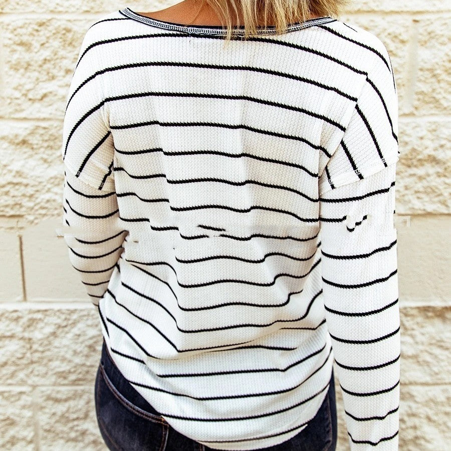 Fashion Knitted Striped Button Long-sleeved Women