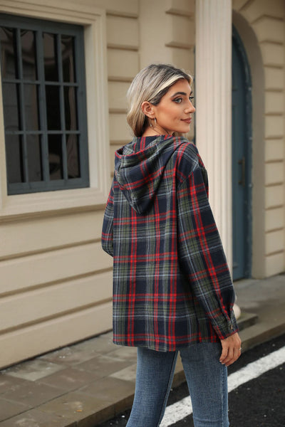 Plaid  Hooded Sweatshirt With Button Loose Long Sleeve Hoodies Women Clothing