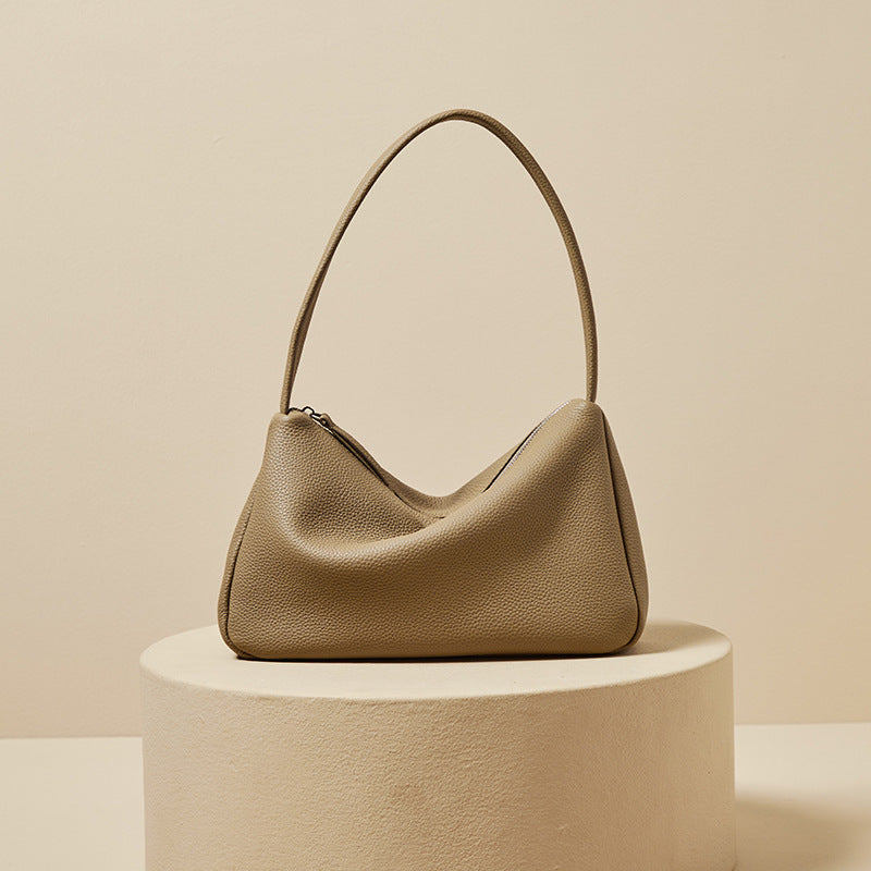 Genuine Leather Shoulder Tote Bag - French Style Underarm Bag Milk Apricot Genuine Leather French Style Shoulder U