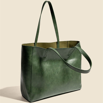 Dark Green Tote Oil Wax Soft Vegan Leather Women's Bag